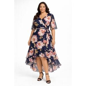 Connected Apparel Floral Wrap Dress Navy Pink Belted Midi 18W - NEW